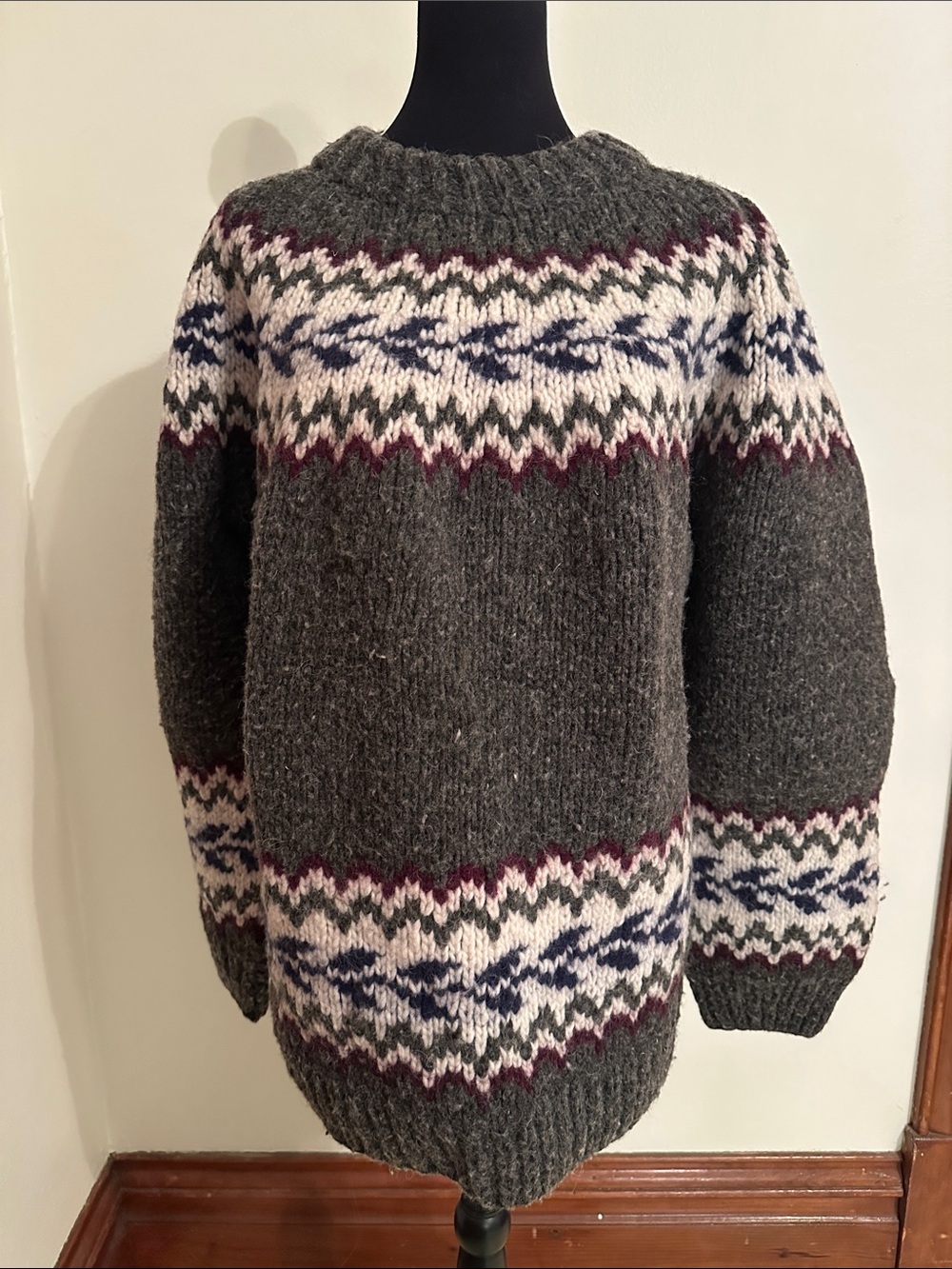 Charcoal Fair Isle Wool Crewneck Sweater with Navy & Cream Pattern